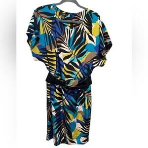 Alfani Tropical Leaf Print Mini Dress in Blue, Teal, Yellow, Black